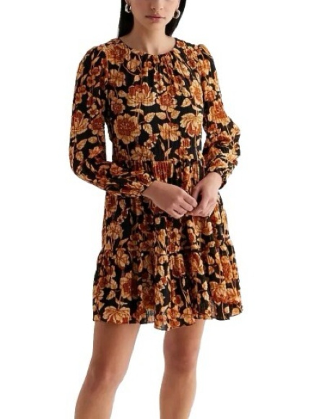 Express Black & Mustard Floral Tiered Midi Dress